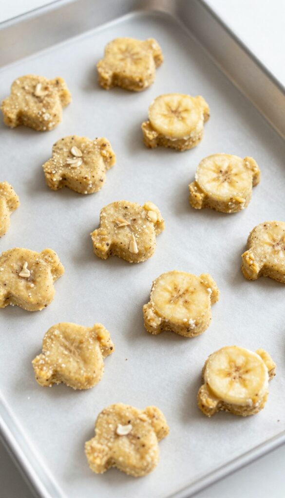 Homemade cottage cheese banana drops for dogs, soft and creamy treats on a baking tray, ready for serving as a nutritious snack.