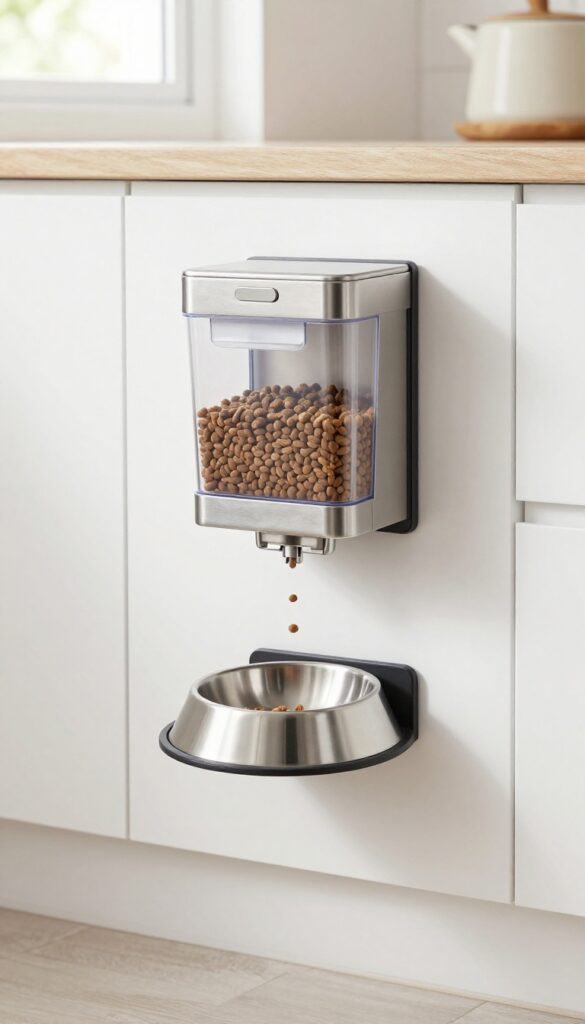 A wall-mounted dog food dispenser in a bright kitchen, dispensing kibble into a bowl below to save floor space.