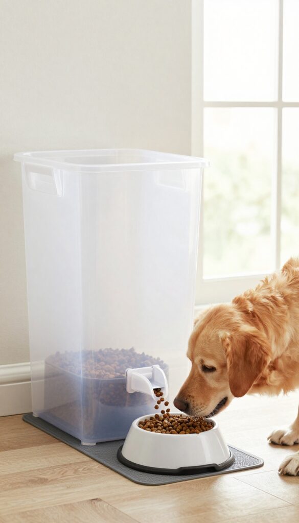 A DIY dog food dispenser made from a repurposed plastic storage bin on a non-slip mat in a bright kitchen, with kibble flowing into a bowl as a dog nudges it.