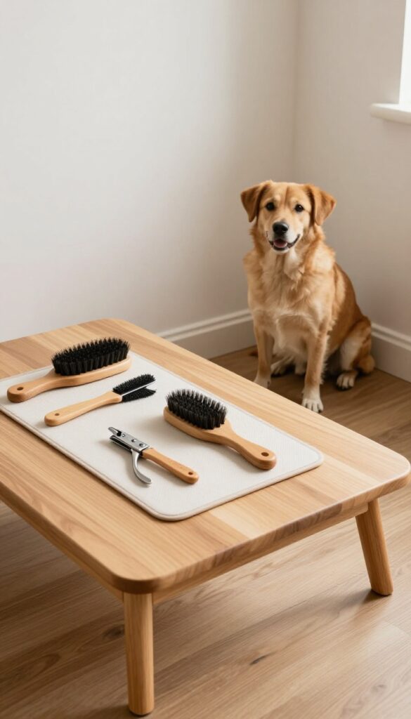 A corner grooming nook with a foldable table in a small home space, showing grooming tools and a calm dog, designed for efficient dog care without clutter.