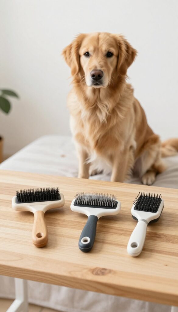A calm dog with a fluffy coat sits near three different dog brushes on a wooden table, illustrating grooming tool choices for various coat types in a bright, natural setting.