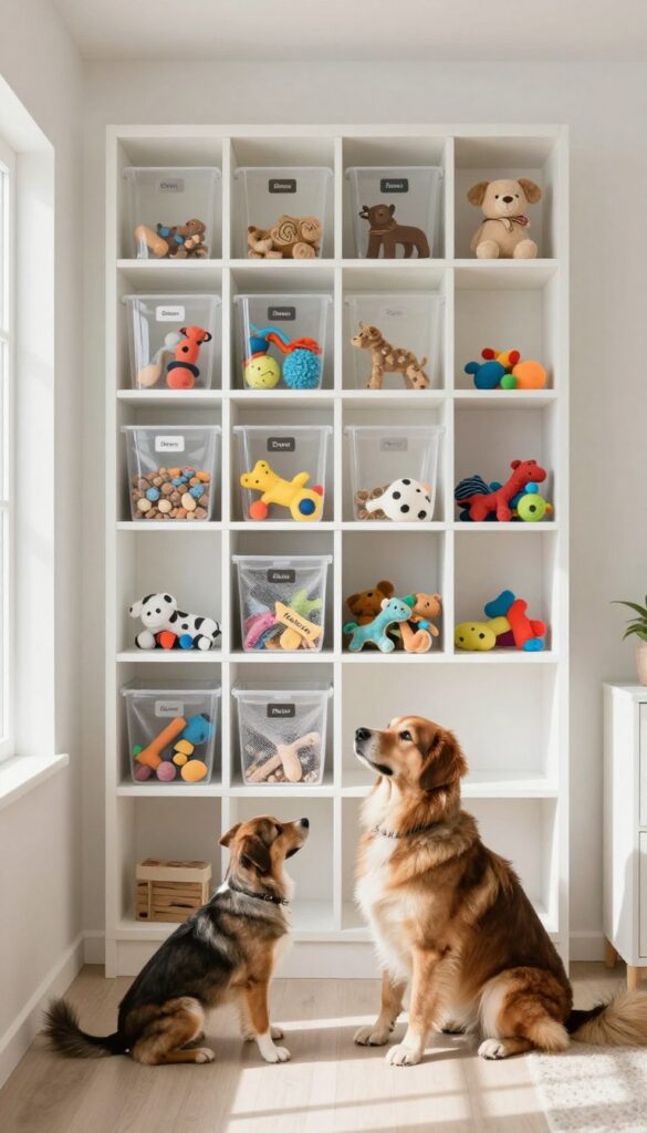 Two dogs sitting next to a wall-mounted cubby storage system filled with toys and treats
