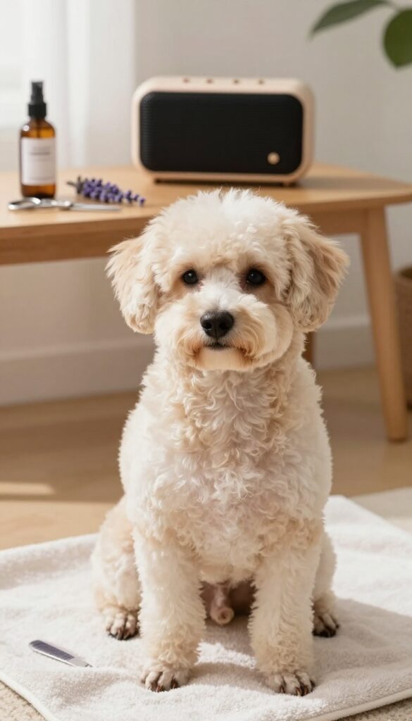 A relaxed poodle in a bright room with calming music playing and lavender spray nearby, illustrating tips for reducing grooming anxiety.