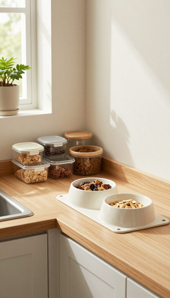 Dog feeding station with raised bowls and storage cabinet in a bright kitchen corner
