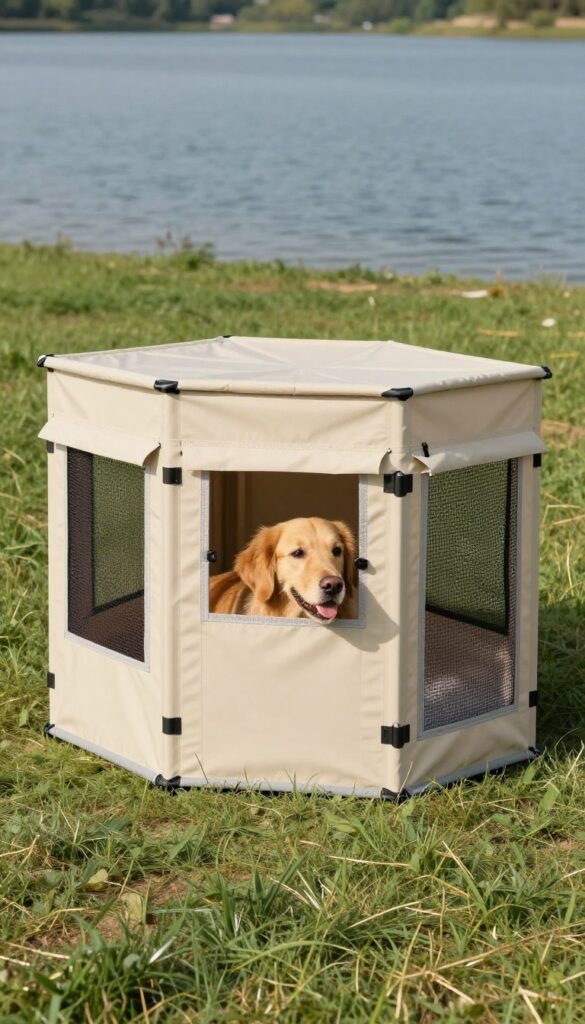 Portable dog house for travel and camping with a dog inside at a lakeside campsite