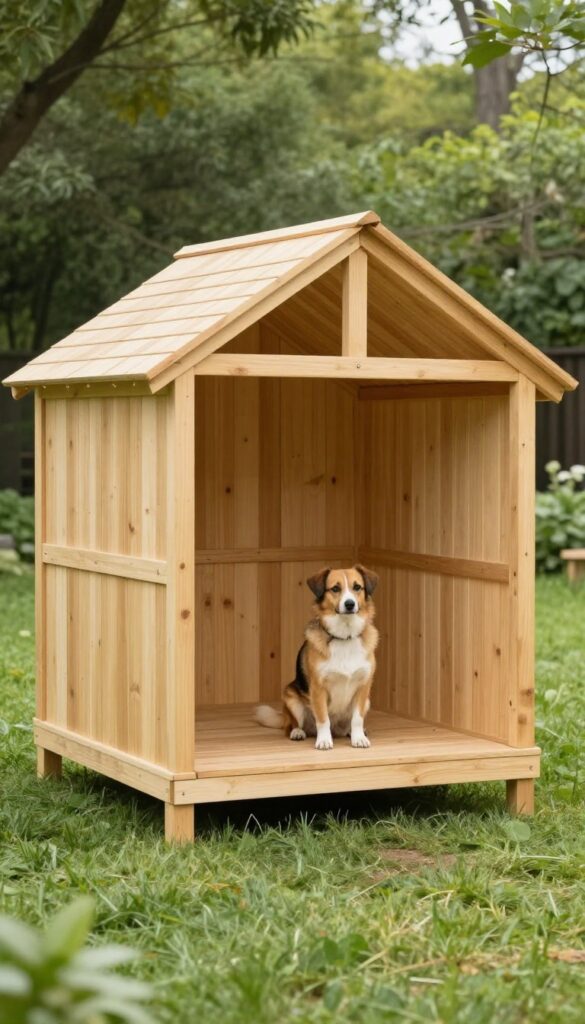 A wooden A-frame dog shelter with a covered porch in a sunny backyard.