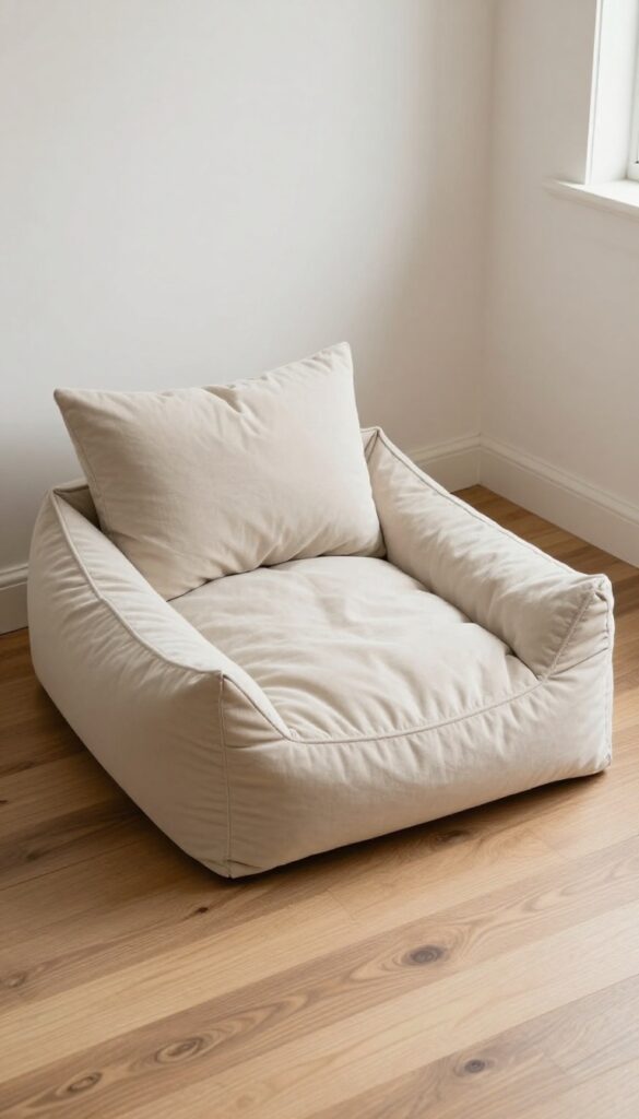 A cozy dog bed made from a folded old blanket with a pillow, placed in a bright, quiet corner on a wooden floor, showcasing a budget-friendly and washable DIY dog accessory.