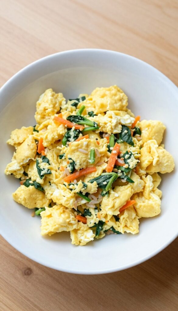 A bowl of homemade egg and vegetable scramble for dogs, featuring fluffy eggs, spinach, carrots, and brown rice, arranged in a clean, natural setting.