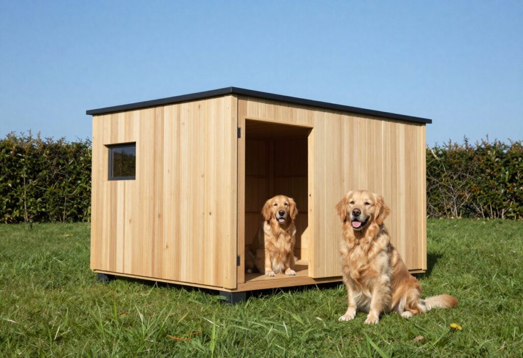 Modern minimalist cedar dog house with flat roof on green lawn with golden retriever