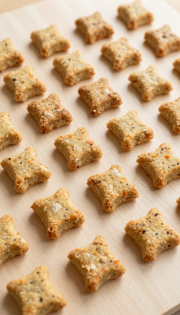 Close-up of homemade sourdough chicken and carrot training treats for dogs, showing soft, bite-sized pieces with visible chicken and carrot shreds on a plain wooden background.