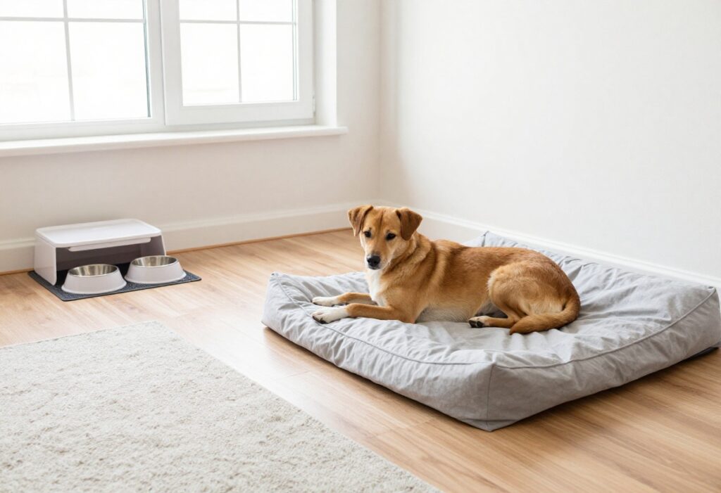 Clean dog area in a living room with a dog on a washable bed, feeding station, and toy storage bin