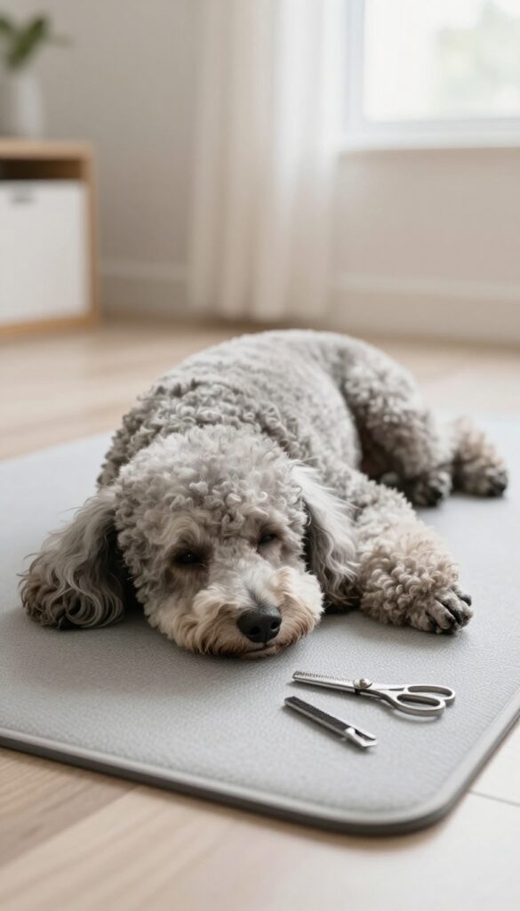 A relaxed poodle resting on a mat after grooming, demonstrating calm behavior for stress-free face trimming in a bright, natural setting.