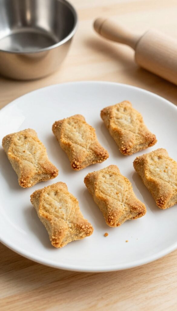 Homemade baked tuna crunch squares for dogs, arranged on a plain white plate with a wooden background, showcasing golden-brown treats with a firm texture in a clean, natural light setting.