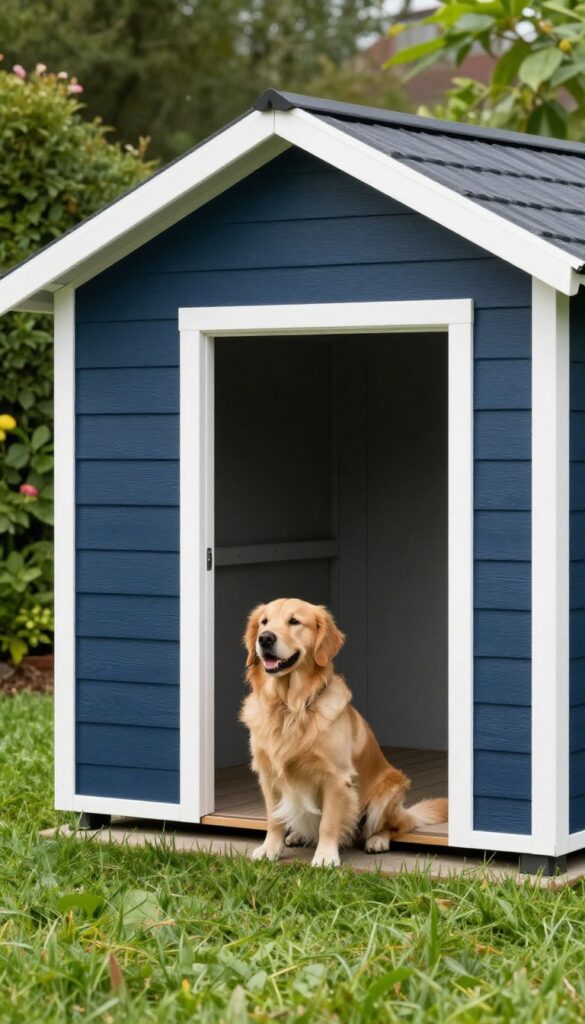 Two-tone dog house with navy walls and white roof in sunny backyard with golden retriever