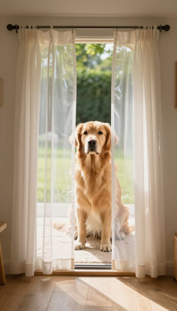 Dog looking through clear vinyl strip curtain at dog house entrance