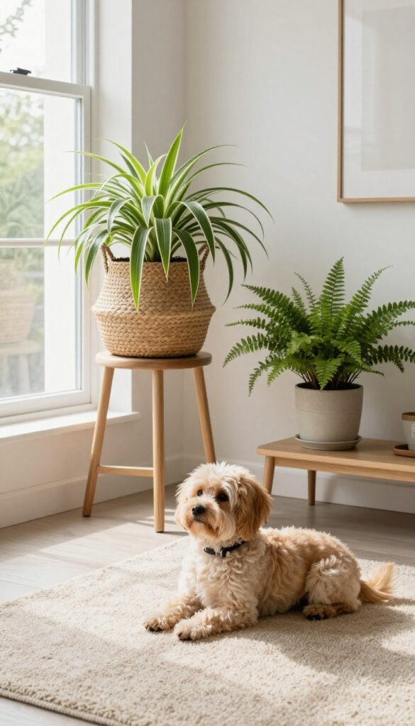 Dog-friendly apartment with non-toxic greenery like spider plant and Boston fern, and a fluffy dog sitting on a rug.