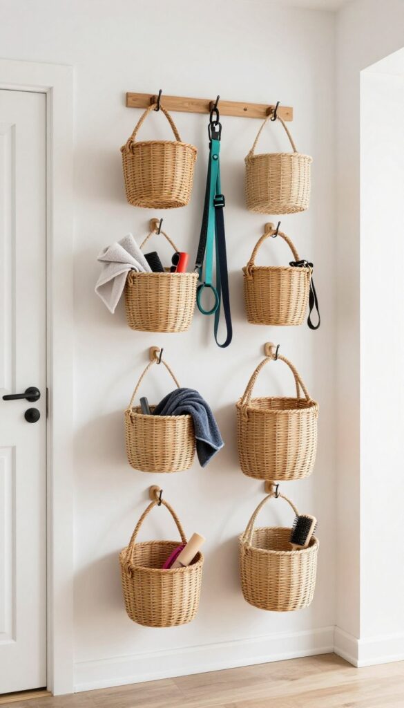 A photorealistic image showing a DIY dog grooming station with hanging baskets and hooks on a wall, organizing leashes, towels, and brushes in bright natural light.