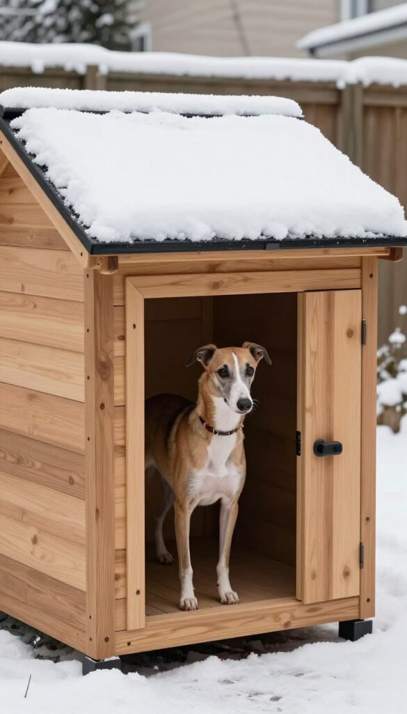 Heated dog house in snow with dog peeking out, photorealistic