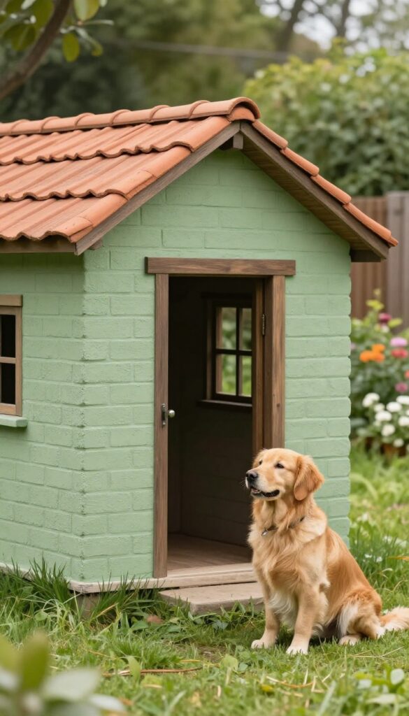 Brick dog house with custom stucco finish in sage green, golden retriever beside it in sunny backyard