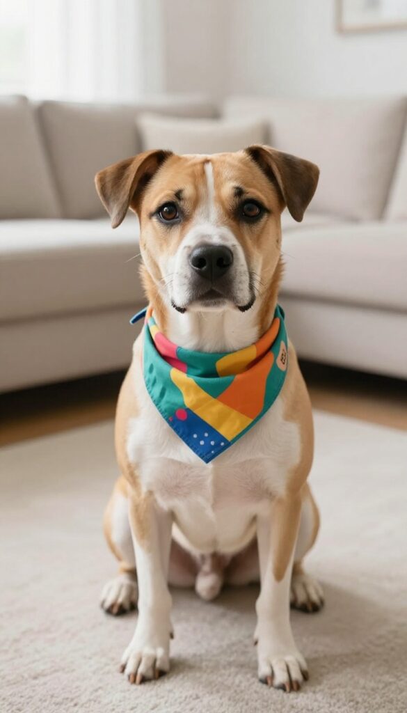 A photorealistic image of a dog wearing a colorful bandana as an easy grooming style accent, captured in bright natural light in a clean home setting.