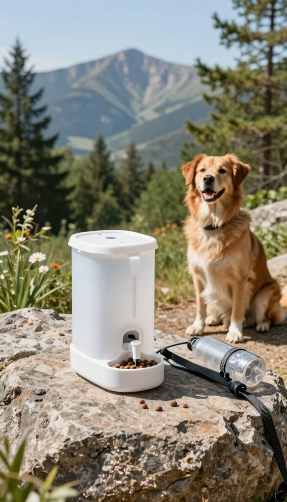 A portable dog food dispenser on a hiking trail with a happy dog nearby, showcasing easy feeding during travel adventures.