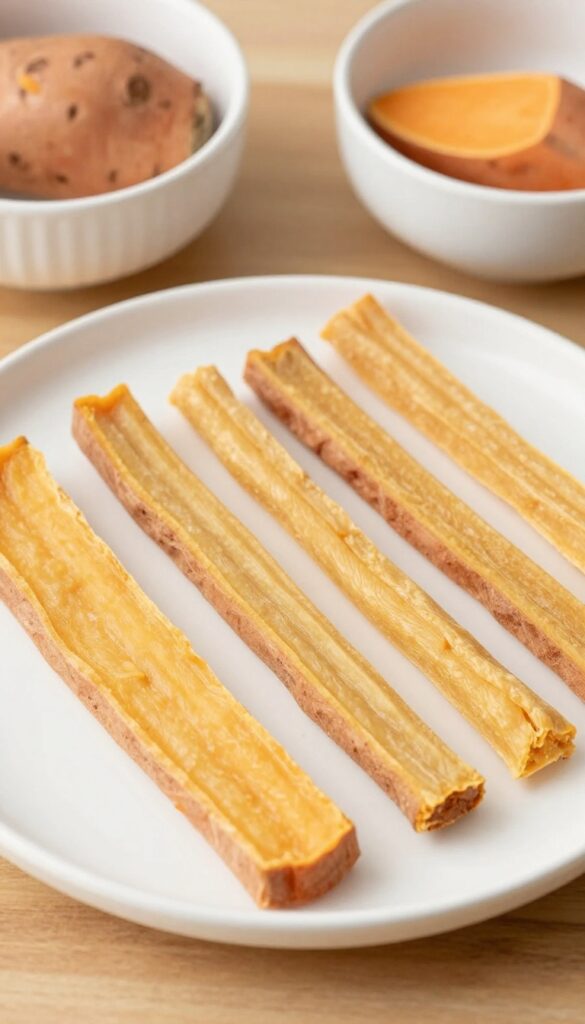 A close-up of homemade sweet potato chew strips for dogs, arranged on a baking tray with plain ceramic bowls in a bright, clean kitchen setting, highlighting a simple and healthy dog treat recipe.