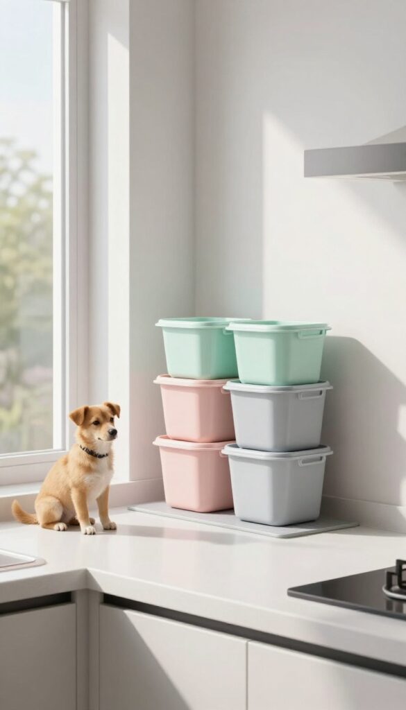 Stackable plastic dog food containers in pastel colors on a low shelf in a bright apartment kitchen with a dog nearby.