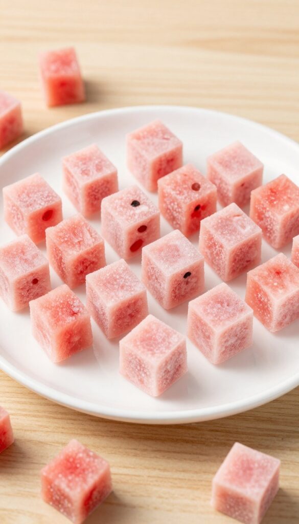 Homemade frozen dog treat cubes made from watermelon, yogurt, and coconut milk, arranged in a silicone mold on a plain plate for a dog recipe blog.