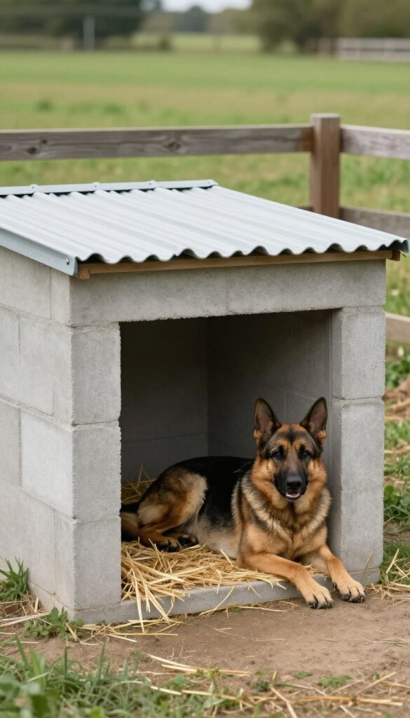 Concrete block dog house on a farm with a large dog resting in front.
