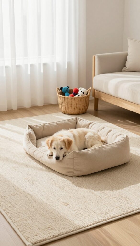 Cozy bedroom corner with dog bed on rug and toy basket
