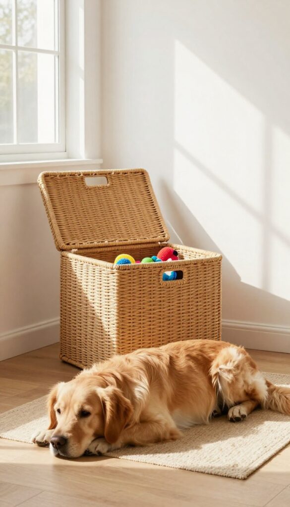 Stylish woven storage bin for dog toys in a clean living room
