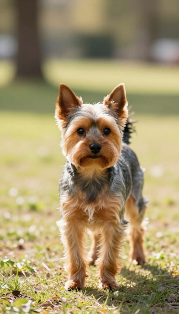 A Yorkshire Terrier with a short haircut playing outdoors in natural light, showcasing a low-maintenance style for active lifestyles.