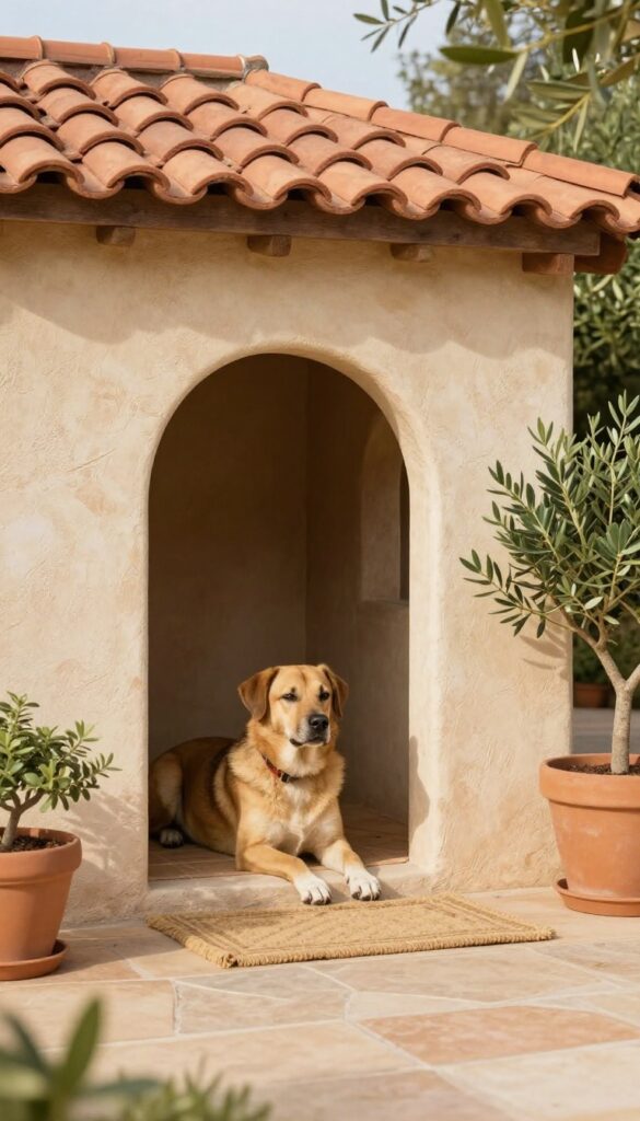 Mediterranean-style dog house with stucco walls and tile roof in a sunny backyard