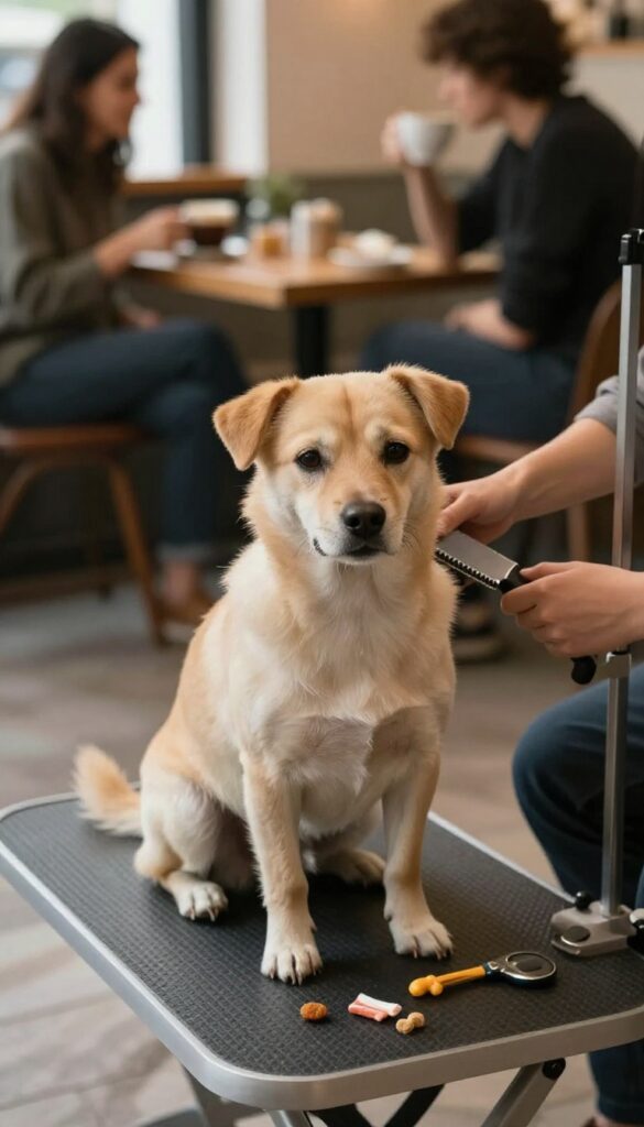 A dog being groomed in a quiet corner of a pet-friendly cafe, with owners relaxing nearby in a bright, natural-lit environment.