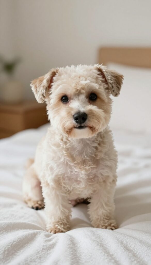 A Maltipoo with trimmed ear hair to prevent tangles, showcasing easy grooming in a bright, natural lifestyle photo.