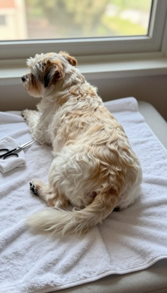 A Poochon dog receiving a sanitary trim, lying calmly on a white towel with neatly groomed belly and rear areas in natural light.