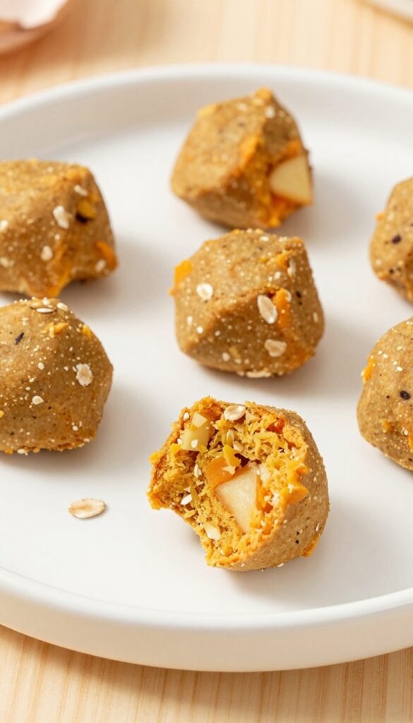 Homemade sweet potato and apple crunch bites for dogs, showing crisp golden-brown treats with soft centers on a plain plate, with natural ingredients like oat flour and eggshell visible, in a bright, clean setting.