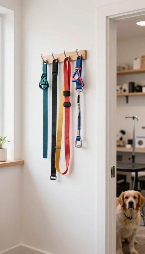 A close-up photo of a leash and harness hanging on a hook in a dog grooming shop, showcasing organization and safety in a tidy space