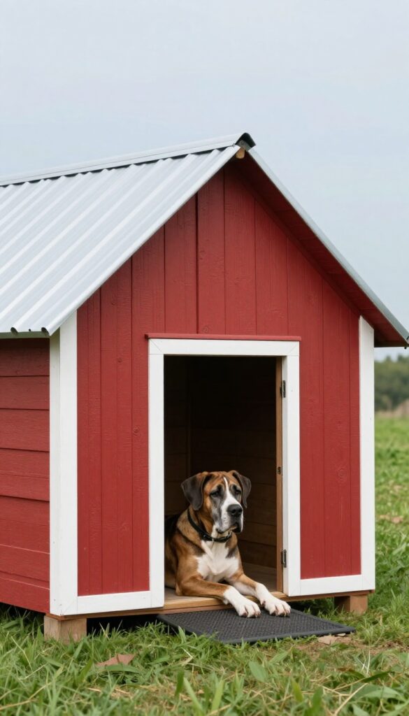 Insulated barn-style dog house with Great Dane in sunny backyard