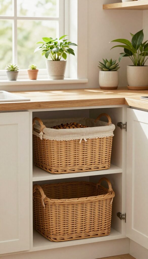 A decorative basket used for dog food storage in a bright, stylish kitchen setting.