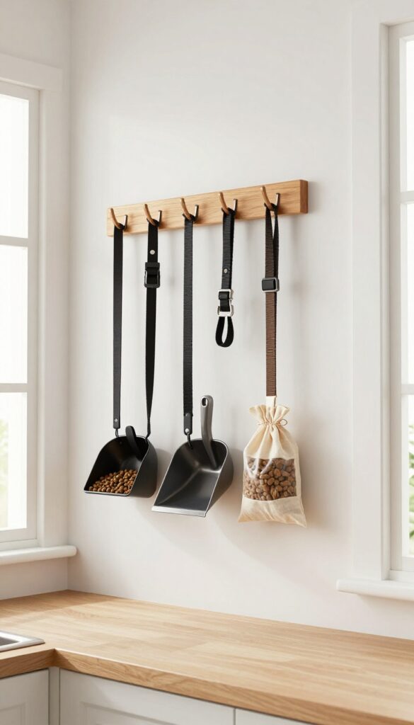 A wall-mounted rack with hooks organizing dog essentials like a leash and scoop in a bright kitchen