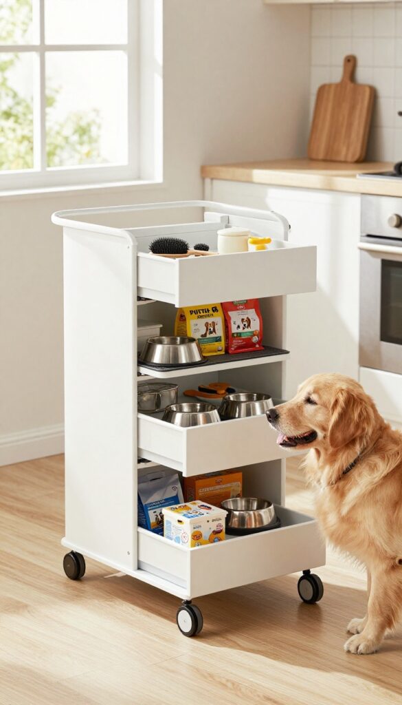 A rolling cart cabinet for mobile dog feeding stations in a bright home setting, featuring pull-out drawers with organized dog food bowls, kibble bags, and grooming tools, with a happy dog nearby.