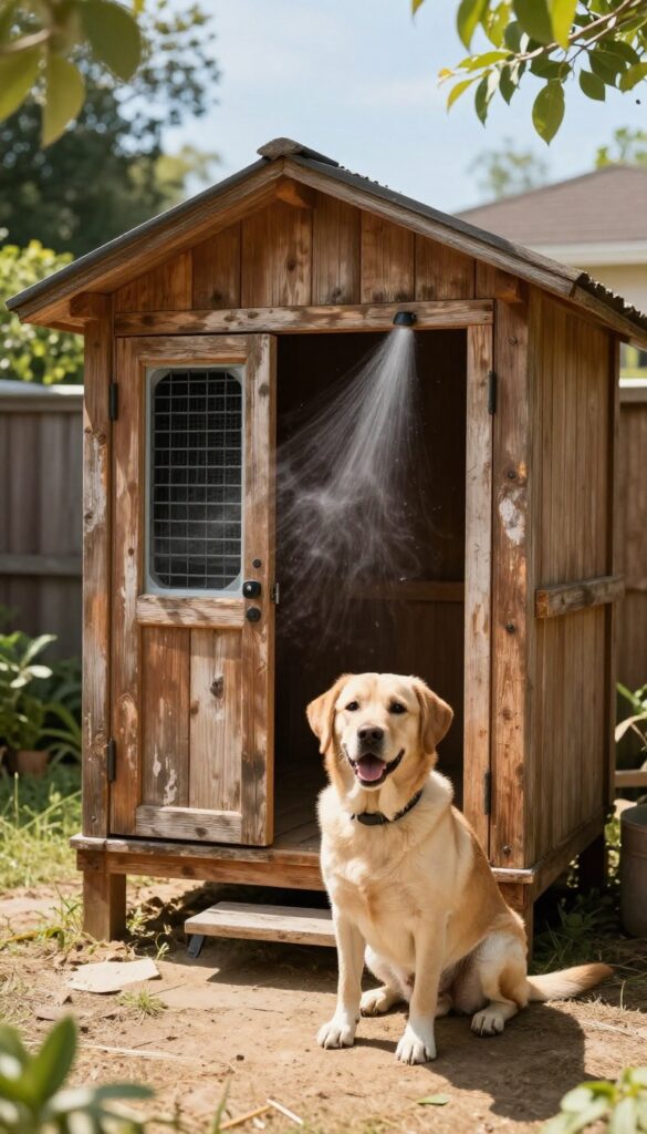 Dog house with evaporative cooler in dry climate