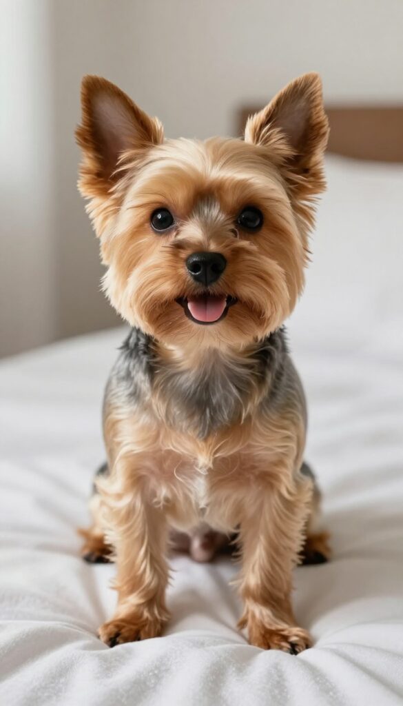 A Yorkshire Terrier with trimmed ears and paws, showcasing a neat grooming style for hygiene and low maintenance.