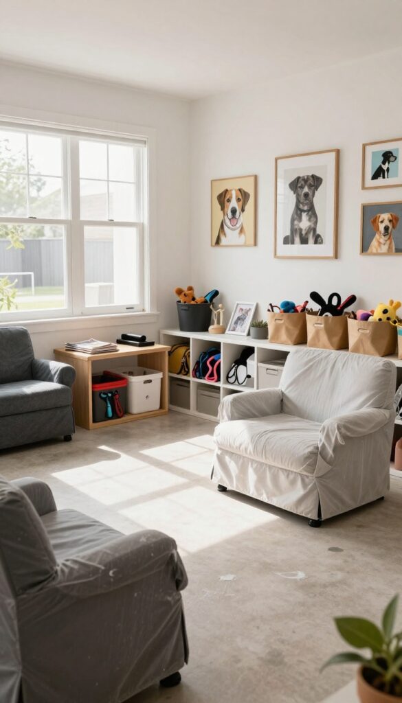 A cozy waiting area in a dog grooming shop with comfortable seating, dog-themed decor, and natural lighting, designed for owner comfort and efficiency.