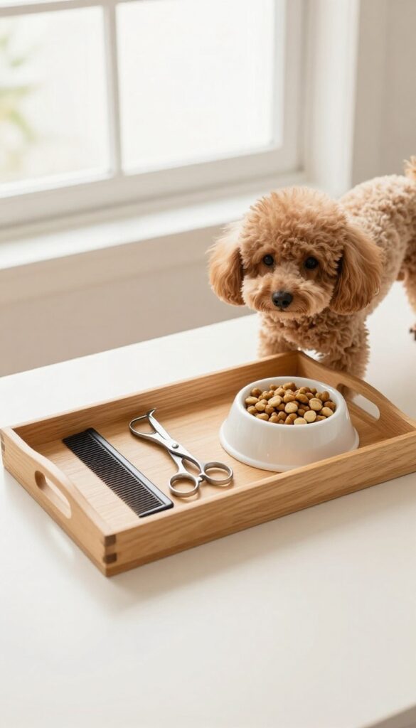 A tidy arrangement of grooming tools and treats for poodle face trimming, set up on a wooden tray in bright natural light.