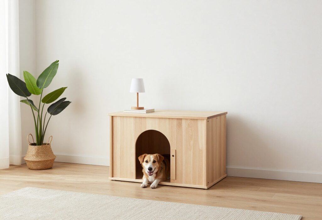 Stylish wooden dog house end table in a bright living room with a dog peeking out