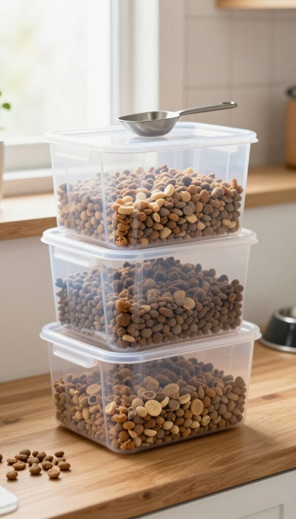 Clear stackable bins filled with dog food on a kitchen counter, showing easy visibility of kibble levels.