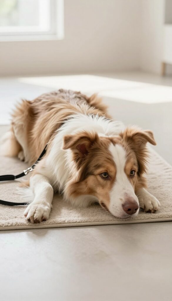 A calm Border Collie resting after playtime in a sunlit room, with grooming tools ready nearby