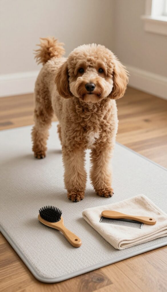 A Doodle dog standing calmly on non-slip mats in a dedicated grooming corner, showcasing a safe and stress-free grooming setup with natural lighting.